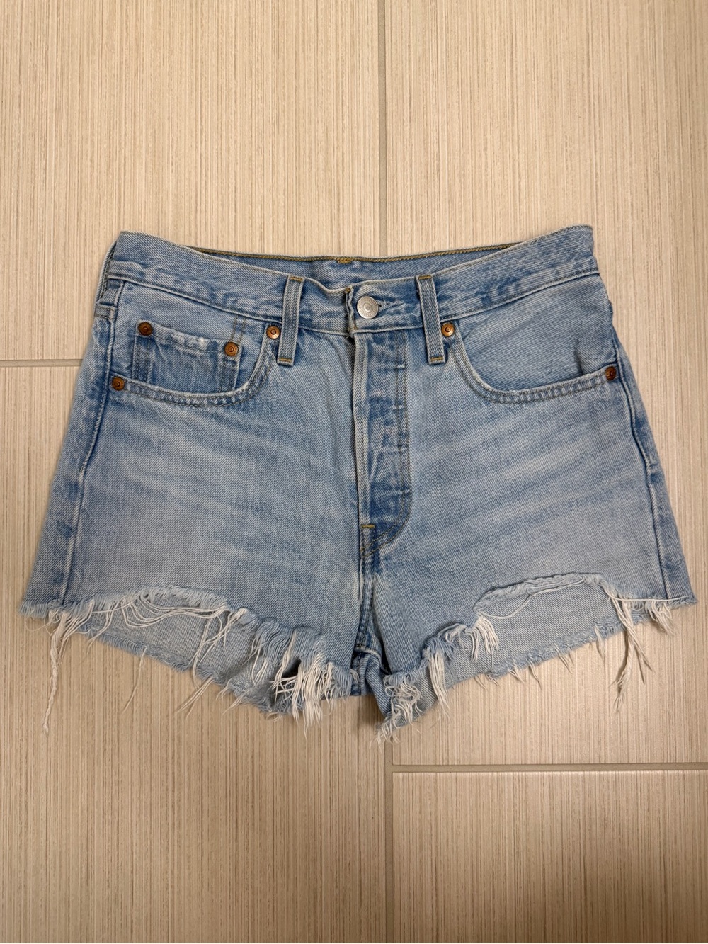 Levi's 501 Light Blue Distressed High-Rise Denim Shorts